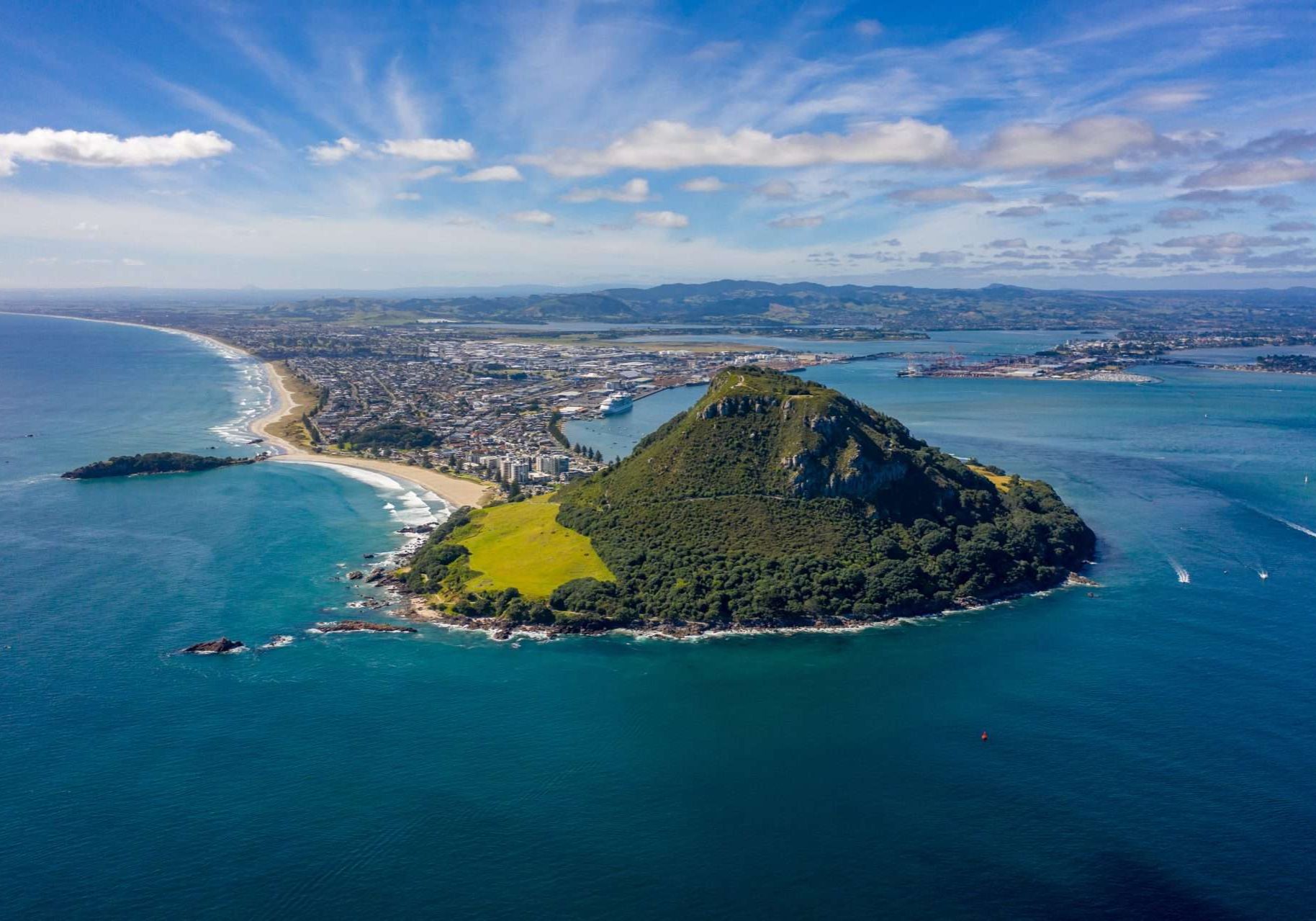 Wide view of Mt Maunganui in Tauranga, New Zealand. Wide aerial